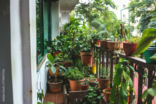 A balcony converted into a lush green garden filled with potted plants, herbs, and vegetables