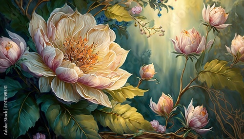 Background for design made of fabric and spring flowers.