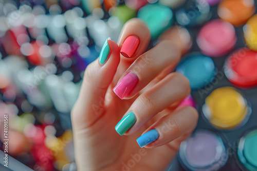 Female hand with bright nail design. Nail polish manicure, Generative Ai