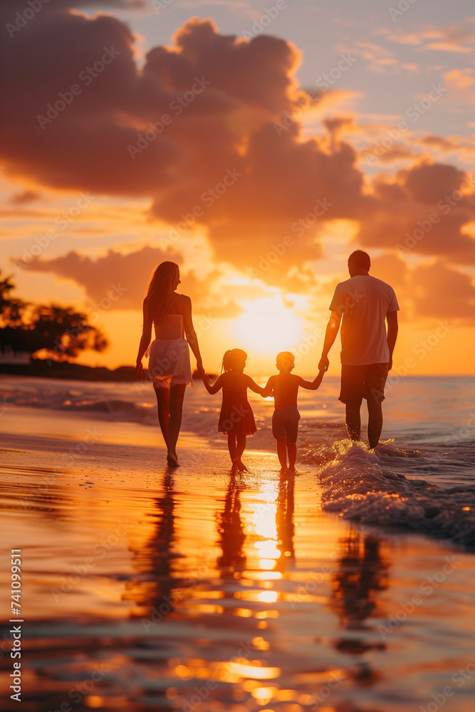 happy family at the beach in sunset full length silhouettes