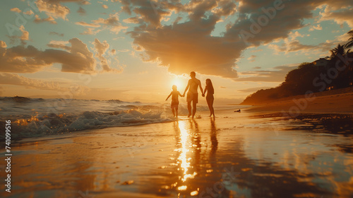 happy family at the beach in sunset full length silhouettes