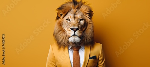 Friendly lion in business suit pretending to work in corporate setting, studio shot with copy space