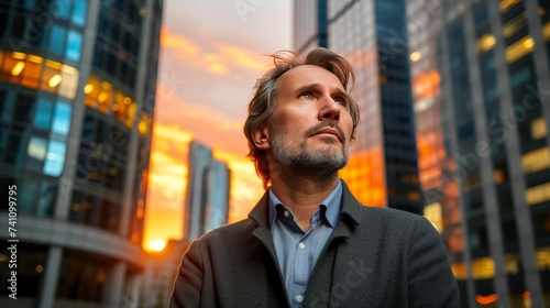 Successful caucasian businessman contemplating future in urban skyscraper district at sunset