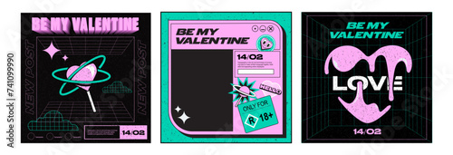 Templates of Valentine's Day posters, banners stickers and with futuristic elements background in modern geometric style. Vintage retro elements and texture, abstract geometric shapes and grids