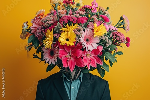 A Man In A Suit Has A Bouquet Of Flowers In Front Of His Head