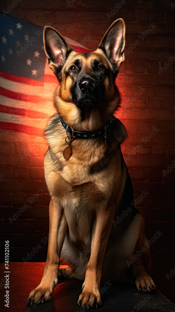 German Shepherd Dog with American Flag Generative AI Illustration German Shepherd Dog with American Flag Generative AI Illustration