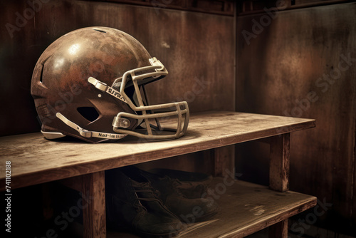 Football helmet on shelf in locker room generative AI Illustration photo