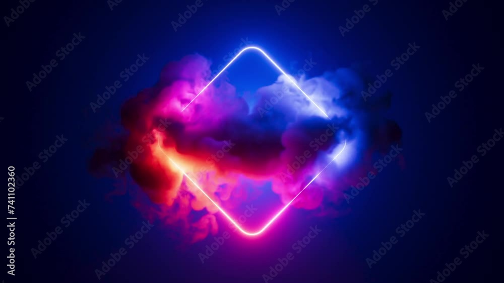 looping 3d animation, abstract neon geometric background. Glowing rhombus frame inside the flowing smoky cloud. Futuristic minimalist animated wallpaper