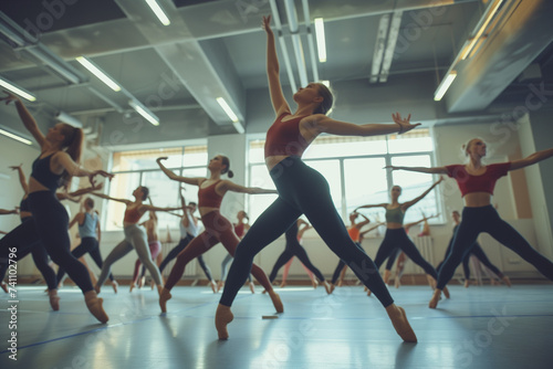 Contemporary Dance in a Studio, modern choreography by a group of women in a lit dance teaching studio