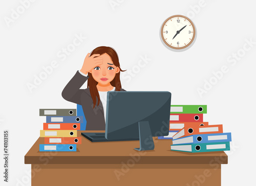 Young businesswoman overworked feeling frustrated tired and stress working at the desk with stack of documents