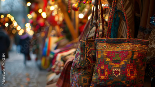 In a festive holiday market, a closeup view of two shopping bags. © Bela