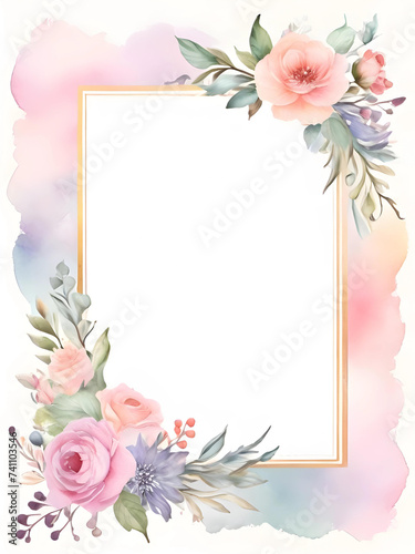 Flower frame with pastel colors. frame for cards, posters, banners, wedding, birthday. roses with leaves, colorful watercolor background. 
