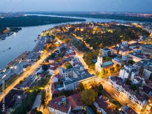 Aerial Drone Night Shot of Belgrade city, Serbia. Capital in Blue Hour and Night time, View from above. photo