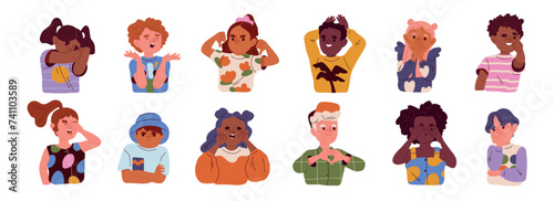 Childrens emotion expression bundle set isolated on white. Various characters, diversity, multi-ethnic group of cute kids. Hand drawn flat cartoon vector illustration
