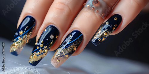 gold and blue trending french based nail art one hand, beautiful perfect long nails manicure photography