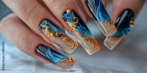 gold and blue trending french based nail art one hand, beautiful perfect long nails manicure photography photo