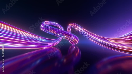 looped 3d animation. light pulses glide along curved neon lines. Abstract animated background of multicolored virtual ribbon with loop glowing in ultraviolet spectrum. Digital data transfer concept