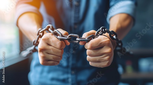 Close up of a man s hands shackled with a rusty steel chain in distressing situation photo