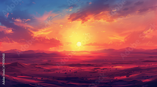 Digital painting of a breathtaking sunset with vivid colors over a serene desert landscape. Golden hour over a vast desert.