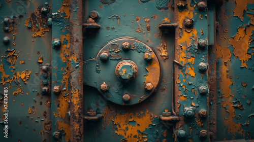 Industrial textures in an old factory, Close-up of a weathered, rusty metal door featuring rivets and peeling blue paint, symbolizing decay and texture.
