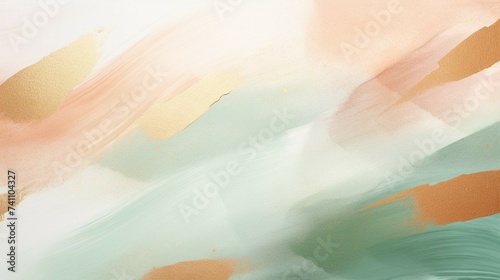 Painting with gentle strokes of pastel green, peach hues blending softly on a textured canvas