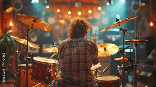 Man recording music on drum set in studio photo