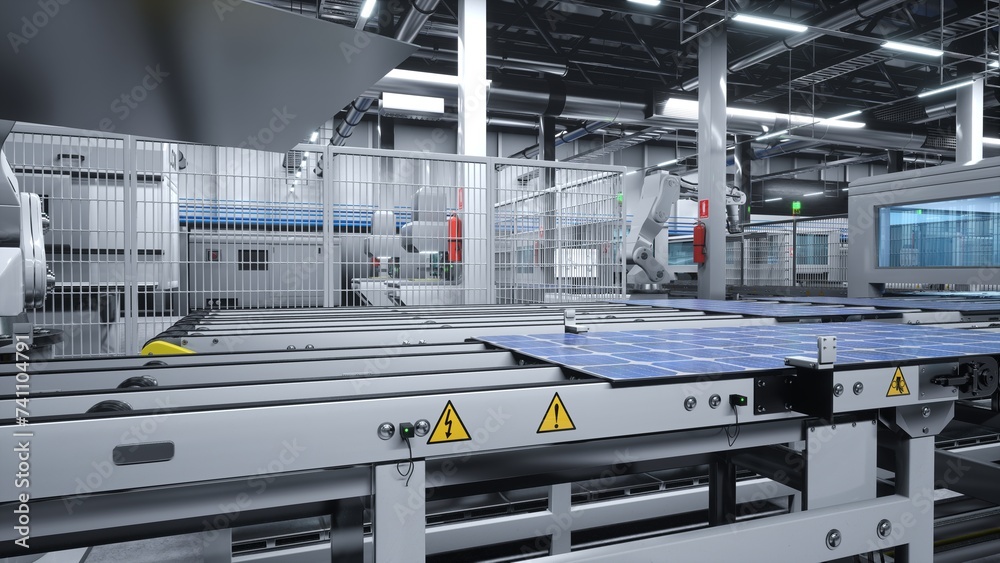 Industrialized solar panel factory with robotic arms placing ...