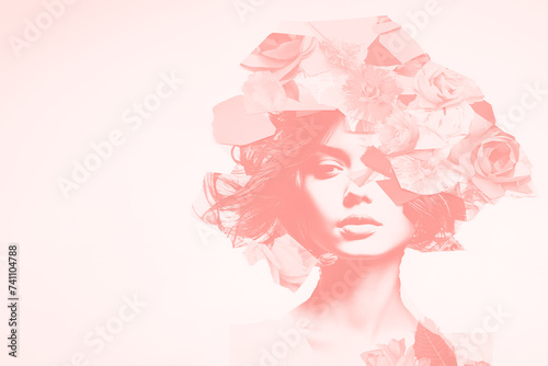 An artistic image with a soft pink overlay featuring a woman's face merged with abstract shapes and floral elements, creating an ethereal, dreamlike portrait.