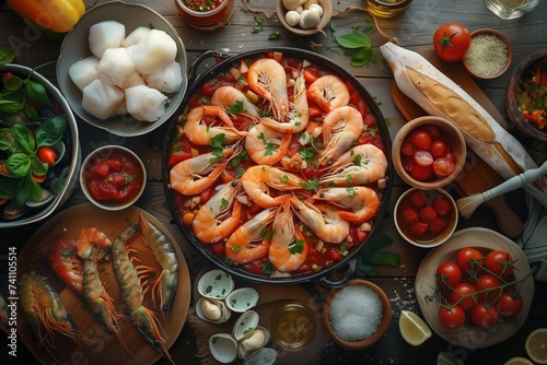 Top view of a rustic table set with traditional Italian seafood dishes