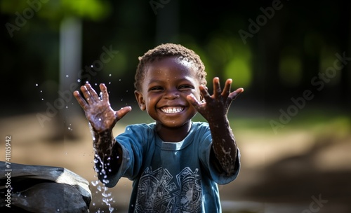 An African-American child gleefully plays with water in a hard-to-reach location in African countries, embodying joy, curiosity, and resilience in the face of challenging access to resources.Generated