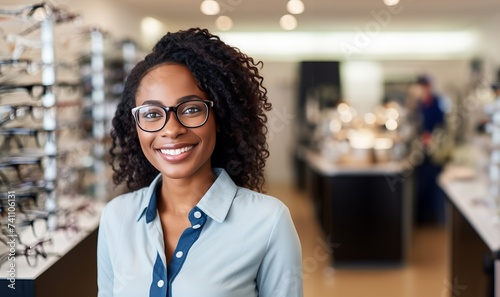African-American woman is seen in an optical store trying on eyeglasses, browsing through a variety of frames as she selects the perfect pair to suit her style and vision needs.Generated image
