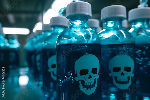 Plastic poison bottles containing a blue liquid, with a skull symbol illustration for toxic products. photo