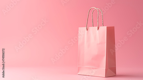 Light pink paper bag with handles against a plain pink background. Product mock up.