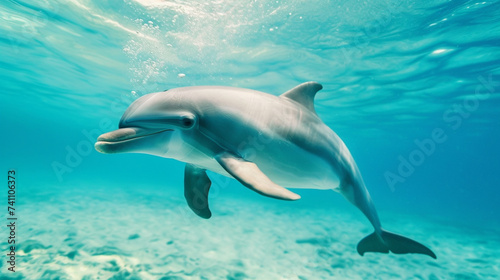 dolphin under water on blue ocean . Generative Ai © We3 Animal