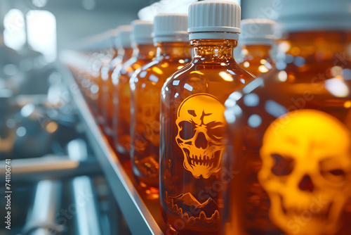 Plastic poison bottles containing an orange liquid, with a skull symbol illustration for toxic products. photo