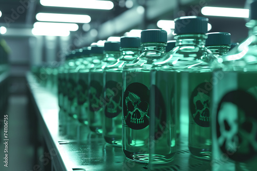 Plastic poison bottles containing a green liquid, with a skull symbol illustration for toxic products.