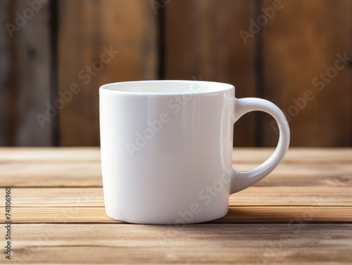 Plain white mug on a light wooden table.
