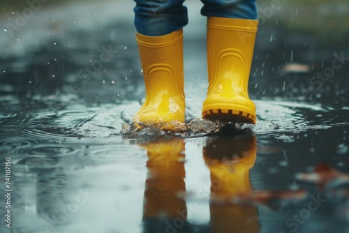 Children wearing rubber boots jump across puddles.