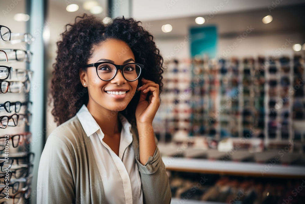 AfricanAmerican woman is seen in an optical store trying on eyeglasses
