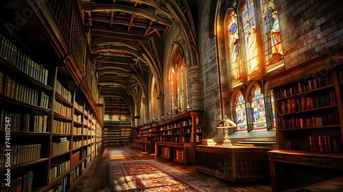 A grand library filled with towering bookshelves stretching towards a vaulted ceiling