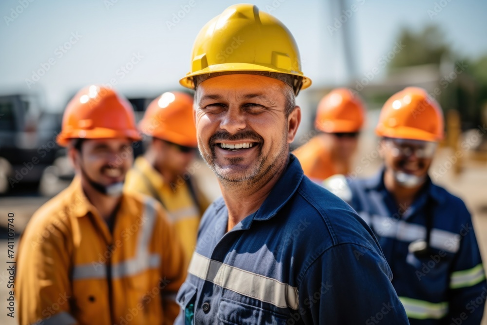 Group of petroleum engineers feel happy and successful after working hard in oil construction exploration in petroleum fields. Group of petroleum engineers feel happy and successful after working hard in oil construction exploration in petroleum fields.