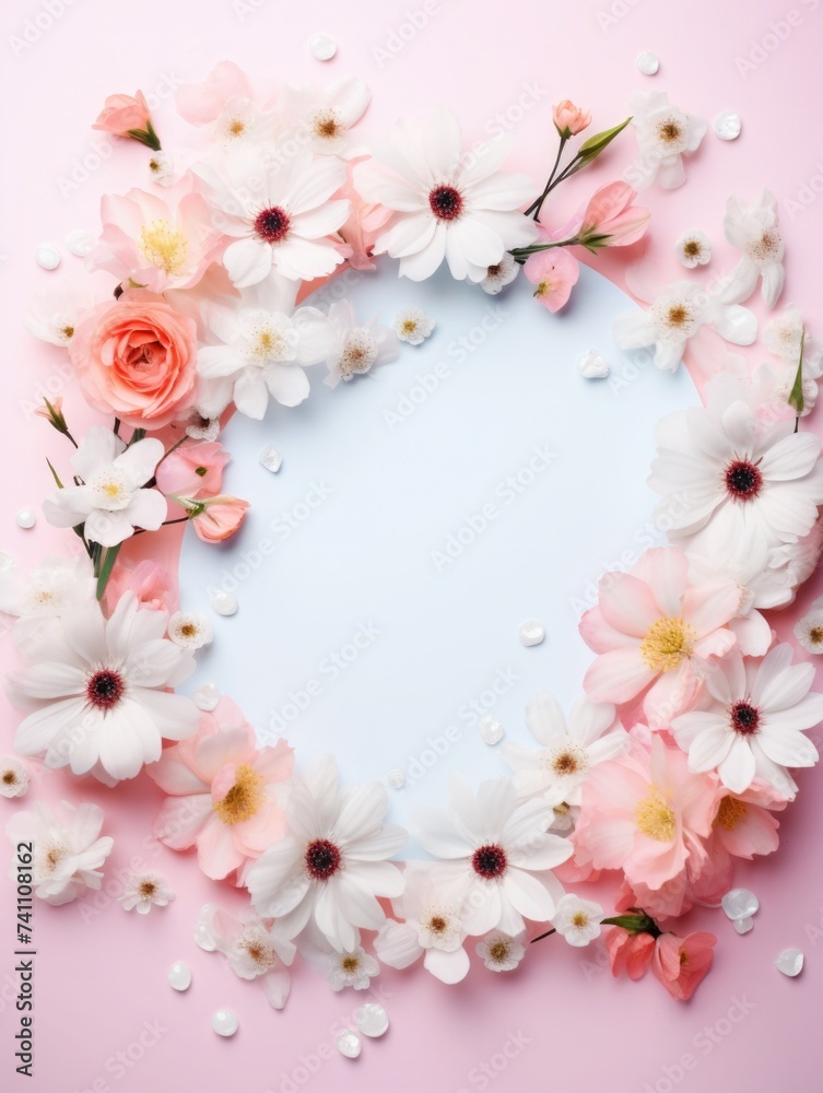 round, circle frame made of real natural flowers, on a pink background, texture. Spring, summer and valentines