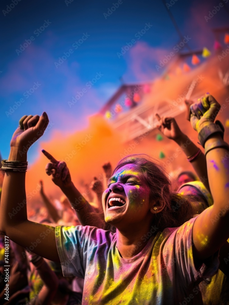 Happy people celebrating holi. the girl, young woman laughs, throws paint, multi-colored powder. holy holiday in india Happy people celebrating holi. the girl, young woman laughs, throws paint, multi-colored powder. holy holiday in india