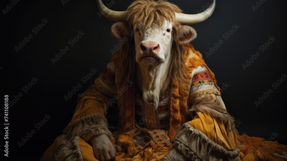 bull in clothes. cow in a jacket. portrait of a brutal animal.