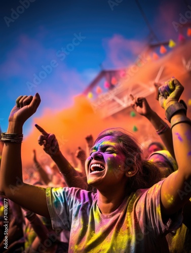Happy people celebrating holi. the girl, young woman laughs, throws paint, multi-colored powder. holy holiday in india