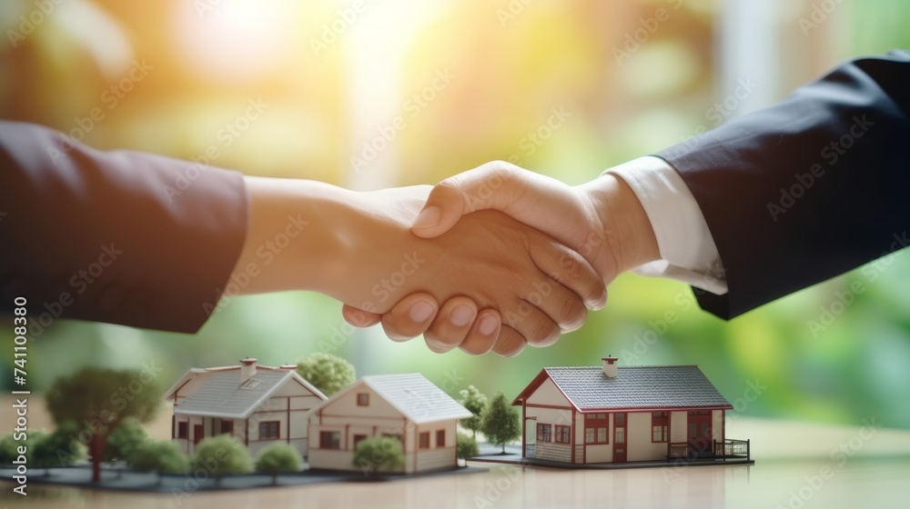 lease, rental and selling home. Dealership manager handshake customer to the new homeowner. rent house, Sales, loan credit financial, insurance, Seller, deale - obrazy, fototapety, plakaty 