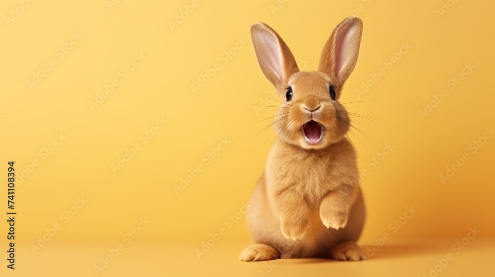 Obraz premium cute animal pet rabbit or bunny brown color smiling and laughing isolated with copy space for easter background, rabbit, animal, pet, cute, fur, ear, mammal, background, celebration, generate by AI