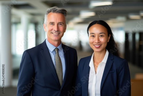 Asian business professional and female company manager standing in office, colleagues