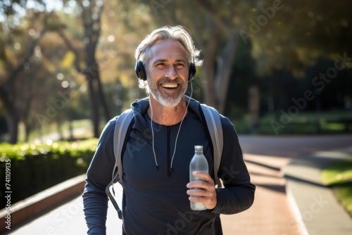 Senior man wearing headphones with water bottle in hand jogging outside in city park. © ORG