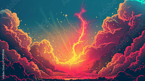 Pop Art Thunderstorm Retro Lightning Blast background. photo